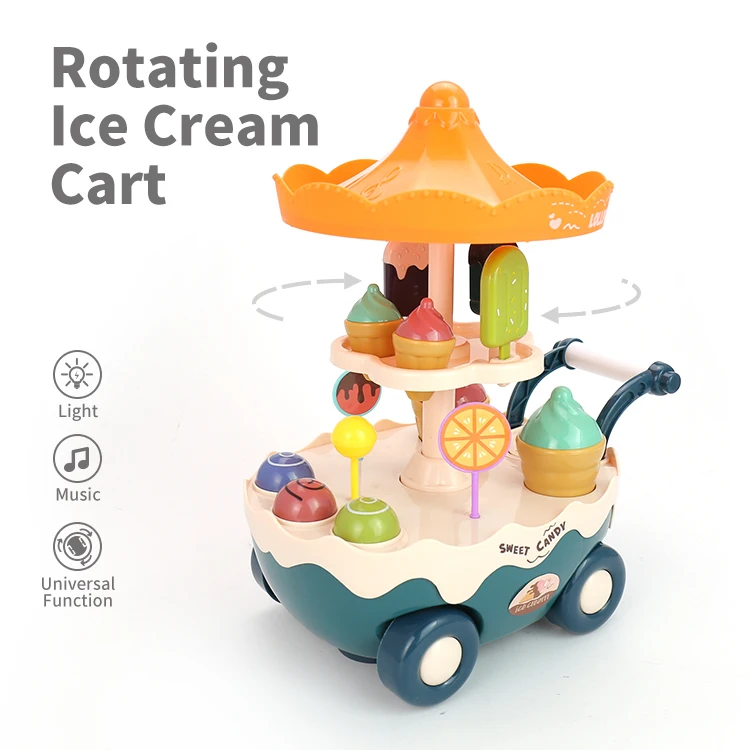 Kidewan 18Pcs Pretend Play Kitchen Toys Roating Ice Cream Cart Toys For Kids Children