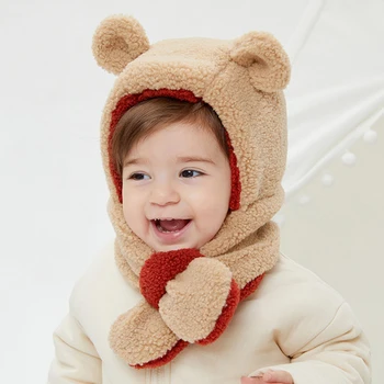 Kids Toddlers Winter Warm Cartoon Bear Fuzzy Fleece Scarf Beanie Hats ...