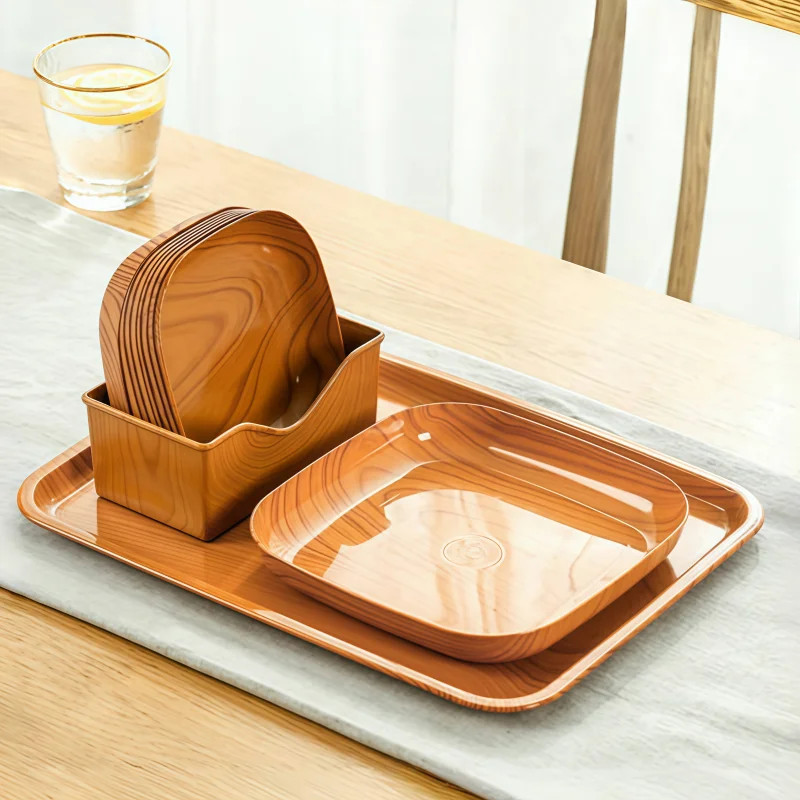 Creative Kitchen Wood Grain Plastic Spit Bone Dish Desktop Snacks Storage Plates Set for Nuts Dried Fruits Desserts & Fast Food