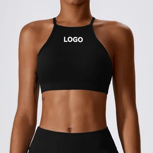 High Neck Women Workout Backless Yoga Bra Padded Halter Cross Crop Top Full Coverage Sports Bra