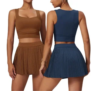 GYM Fitness Slim Sport Wear Women Top Vest Zipper Jacket Elegant Yoga Golf Skirt for Women Tennis Skirt Set