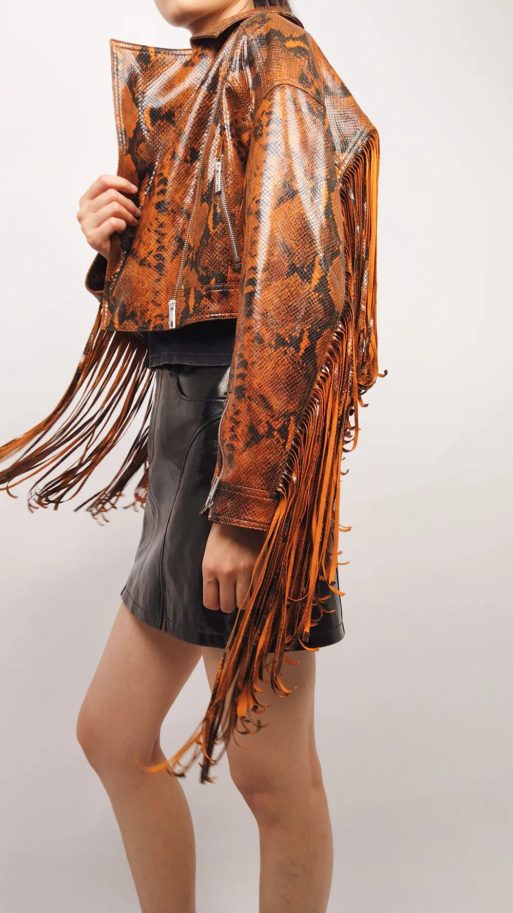 Woman's Faux PU Leather Fringe Jacket with Crocodile Skin Pattern