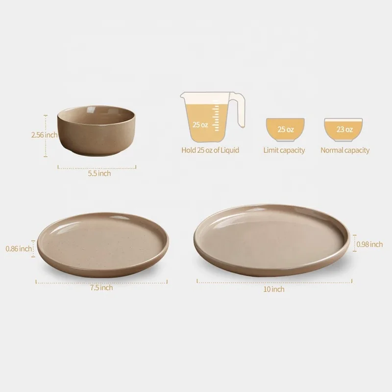 Ceramic Dinner Set Multicolor Glazed Plates Sets Dinnerware with Speckled Dots Brown Rim
