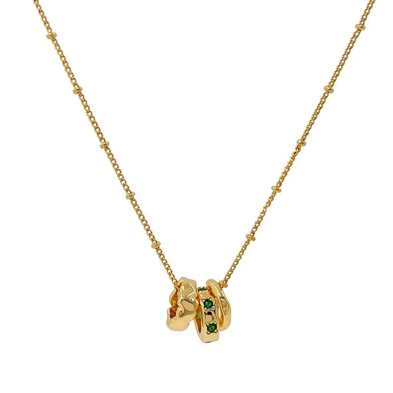 Brass Necklace with Green Zircon Triple Circle Pendant