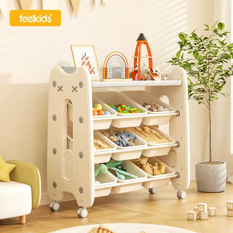 Feelkids Cat Shape Plastic Toy Room Book Shelf Clothes Toys Organizer Storage Racks with Wheels for Kids Cabinet