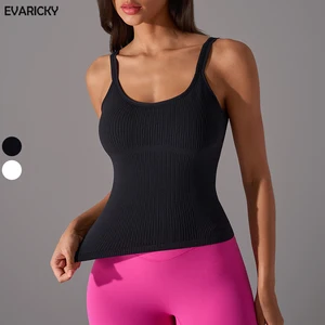 Women's Slim Fit Sleeveless Tank Tops Breathable Ribbed Fabric Yoga Workout Sportswear with Four-Way Stretch