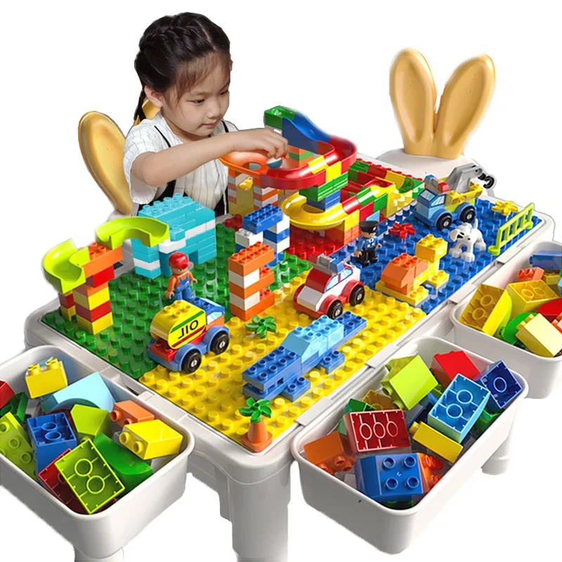 New Style Multi Activity Table Set Large Building Blocks Compatible Bricks Toy Play Table Includes 1 Chair and Building Block