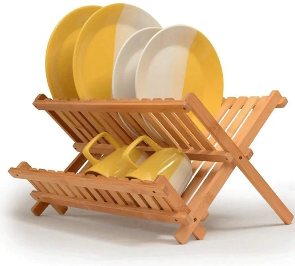 Bamboo Two-Tier Foldable Drying Rack Collapsible Dish Rack Drying Plates Cups Organiser Folding Stan