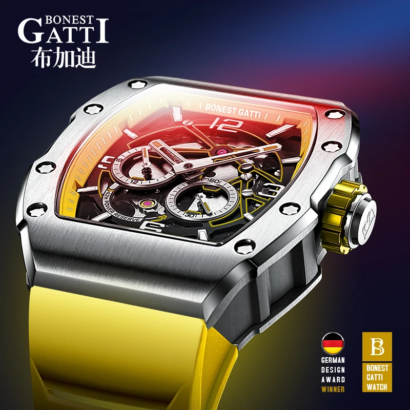 Bonest Gatti Luxury Brand Automatic Skeleton Men Watch with 316L  Stainless Steel Mechanical Movement Watches BG9903-A6