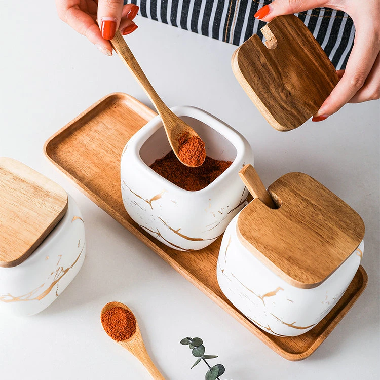 Ceramic Condiment Jar Spice Set with Bamboo Lid