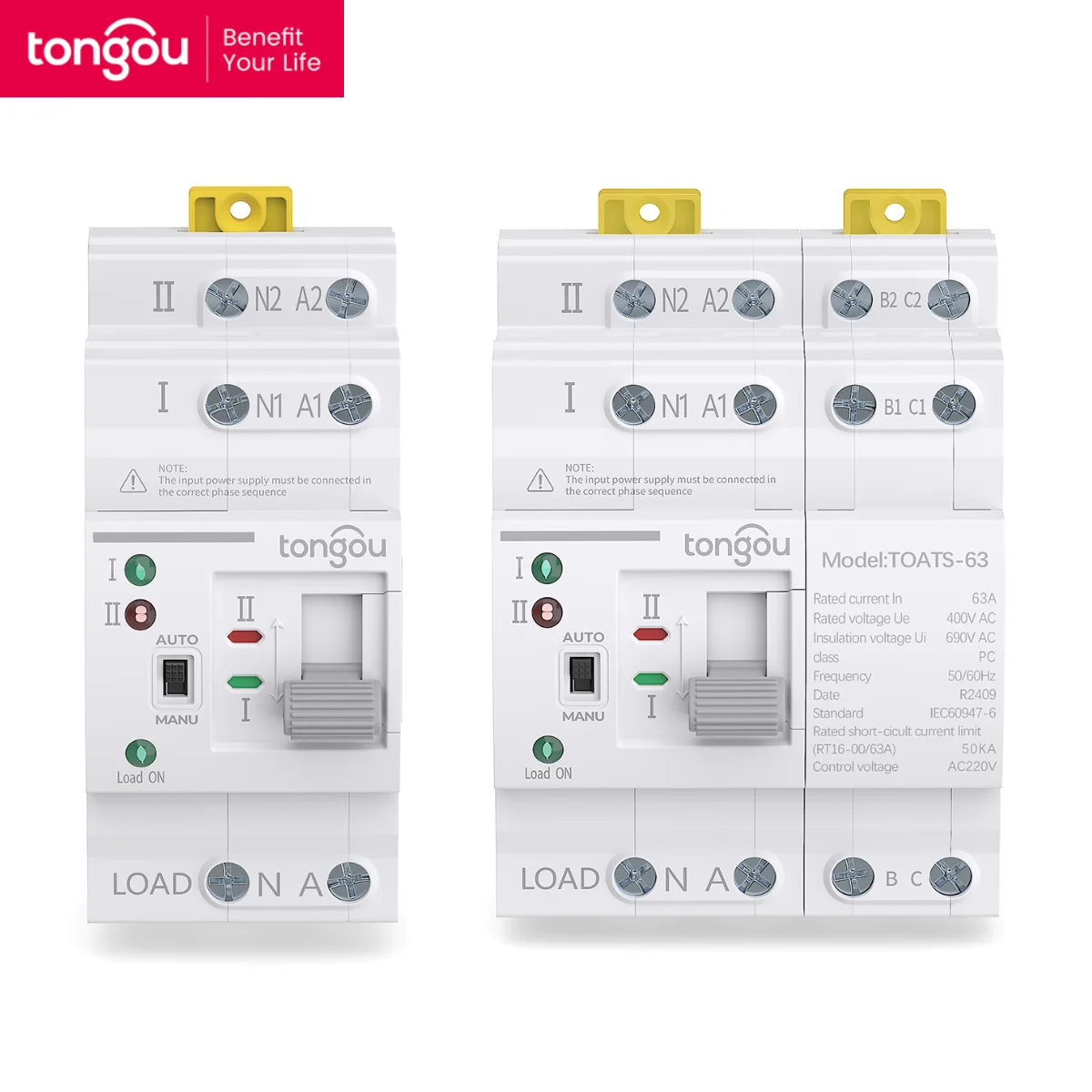 TONGOU 110V/220V 2P/4P ATS Automatic Transfer Switch Daul Power Changeover Automatic Din Rail Switch for Generator 63A