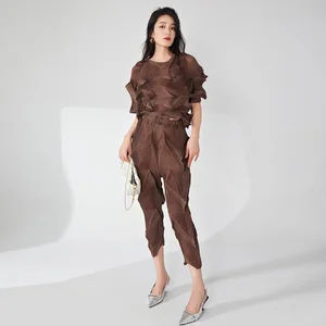 Hot-Selling Women's Two-Piece Set European American Design Fashionable Stretch Tops Wide Leg Pants Eco-Friendly for Ladies