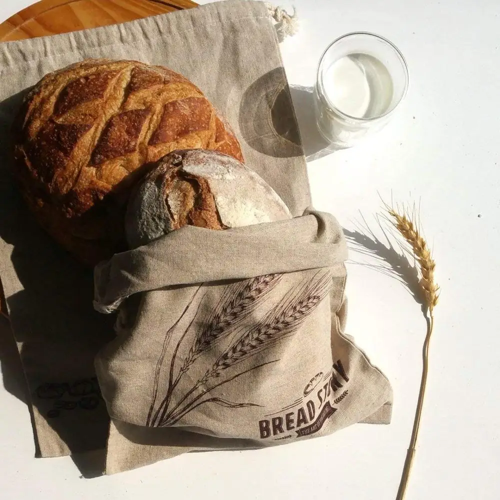 B097 Natural Custom Linen Storage Bread Food Bag for Groercy Printed Reusable Organic Cotton Drawstring Linen Bread Bag Supplier