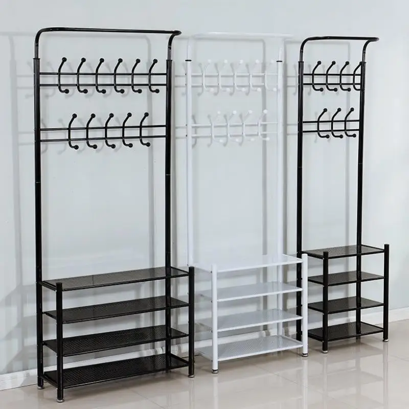 Black Metal Entryway Storage 3 Tier Shoe with Coat Hat Rack 18 Hooks