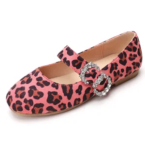 High Quality Summer Fashion Square Leopard Print Diamond-embedded Flat Non-slip Sole Velvet Girl Princess Shoes with Custom logo