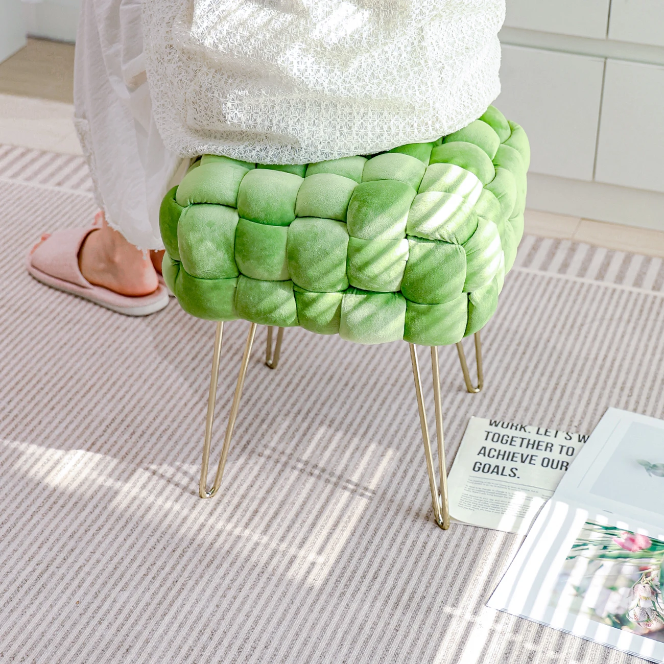 New Design Footstool Ottoman Stool With Gold Legs Footrest