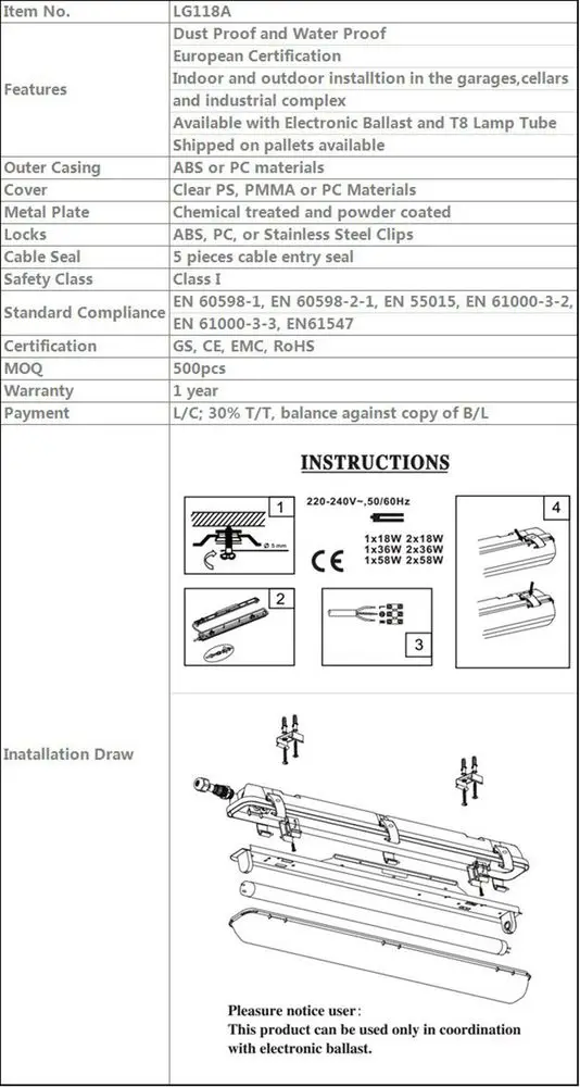 
18 Вт/36 Вт/58 Вт T8 FL трубчатый электронный балласт флуоресцентного освещения 