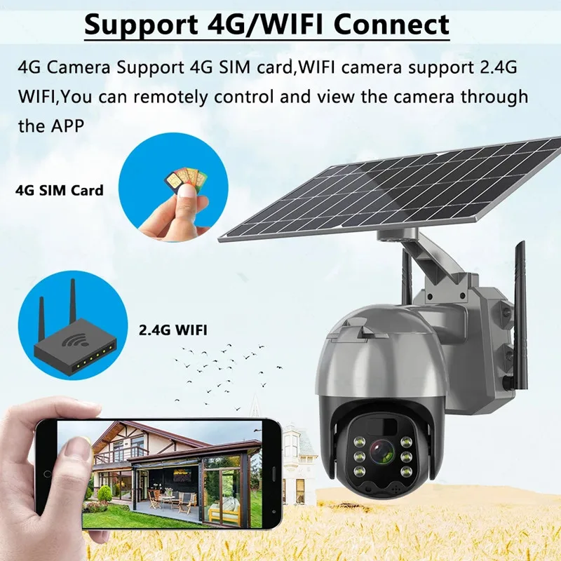 Shenzhen Factory WiFi Wireless Solar Power Camera 4G Sim Card Slot CCTV Security IP Camera Outdoor Support 128 Memory Card