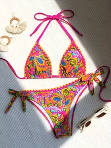 Custom 2026 New Sexy Solid Push up Whip Stitch Two Piece Bikini Beachwear Triangle Swimsuit Women Side Tie High Cut