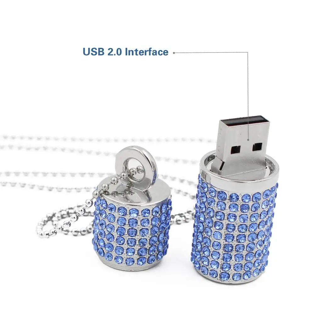 Gitra Flash Drive 64GB Thumb Drive Jewelry USB 2.0 Memory Stick Silver Rhinestone Pen Drive Bling Crystal Necklace with Keychain