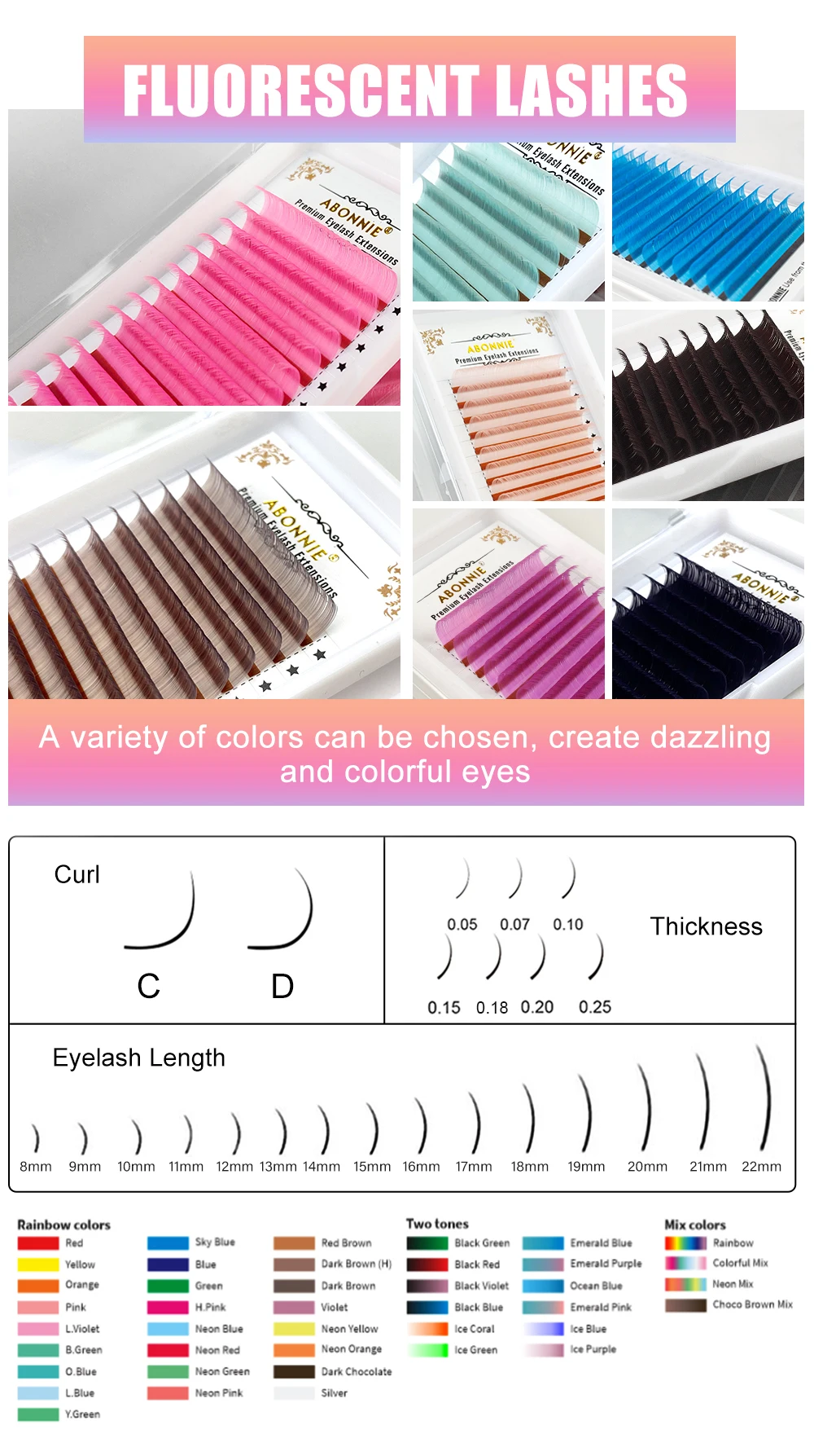 Abonnie Custom Own Brand Rainbow Glitter Lashes Individual Color