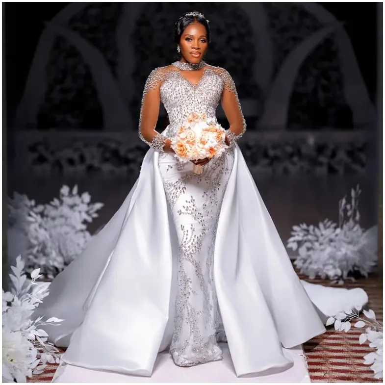 fitted lace wedding dress Sexy Deep V-neck White Bling Mermaid Evening Gown JTE004 main image 1