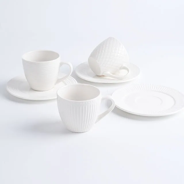 Porcelain White Embossed Coffee Cup and Saucer Set Dishwasher & Microwave Safe Reusable Home Gift