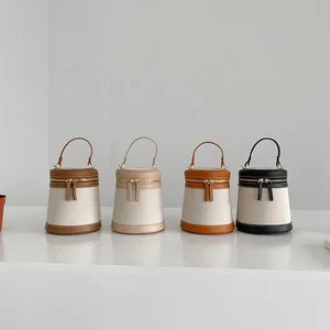 Customized LOGO Canvas Splicing PU Leather Handbag High Quality Fabric Tote Bag Crossbody Fashion Cylinder Bucket Bag