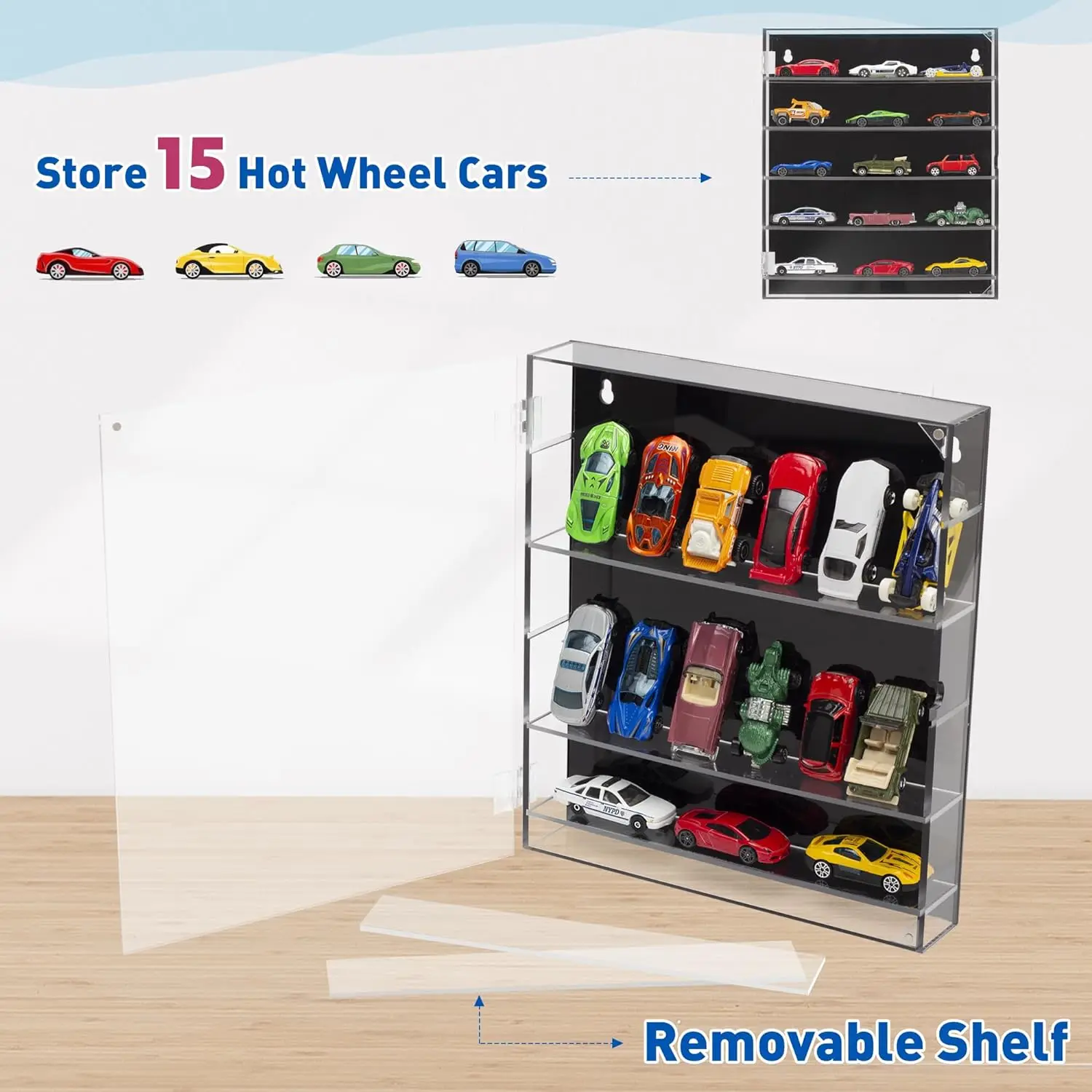 5-Tier Acrylic Display Case for Hot Wheels & Matchbox Cars, Transparent Toy Car Showcase with Magnetic Switch Door (5-Tiers)