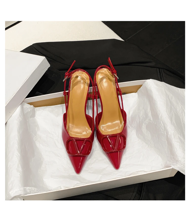 2025 New French Spring Pointed V-Buckle Flattie Back Empty Baotou Shoes Naked Fine Heels High Heels