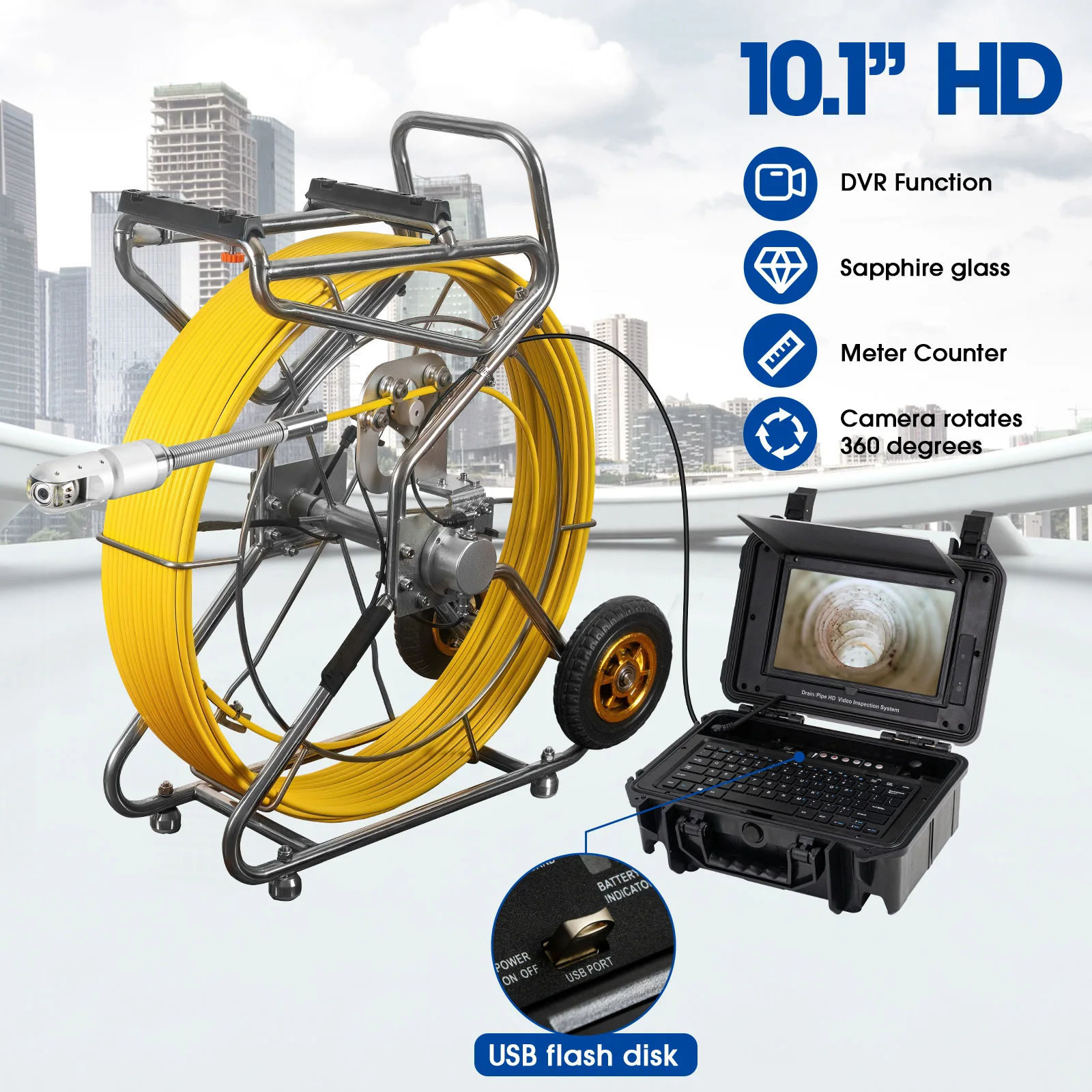 Sewer Camera Factory 10.1inch 1080P HD Screen with 360° Rotation Len Pipe Drain Video Inspection Camera with Meter Counter Waterproof 10- 200m Optional