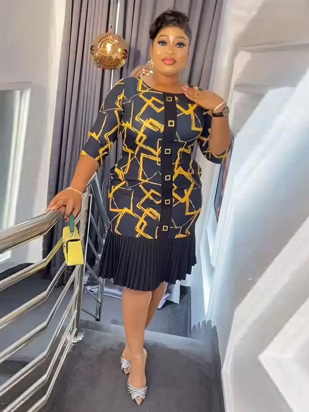 2024 African Print Lace Dress Turkey Design Plus Size Contrast Pleated  Dress Women's Fashion Office Type Skirt