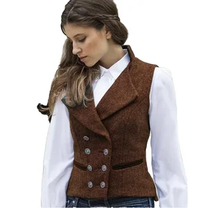 Women's Vintage Herringbone Print Blazers Double-Breasted Slim-Fit Single Breasted Closure V-Neck Plus Size Short Vest for