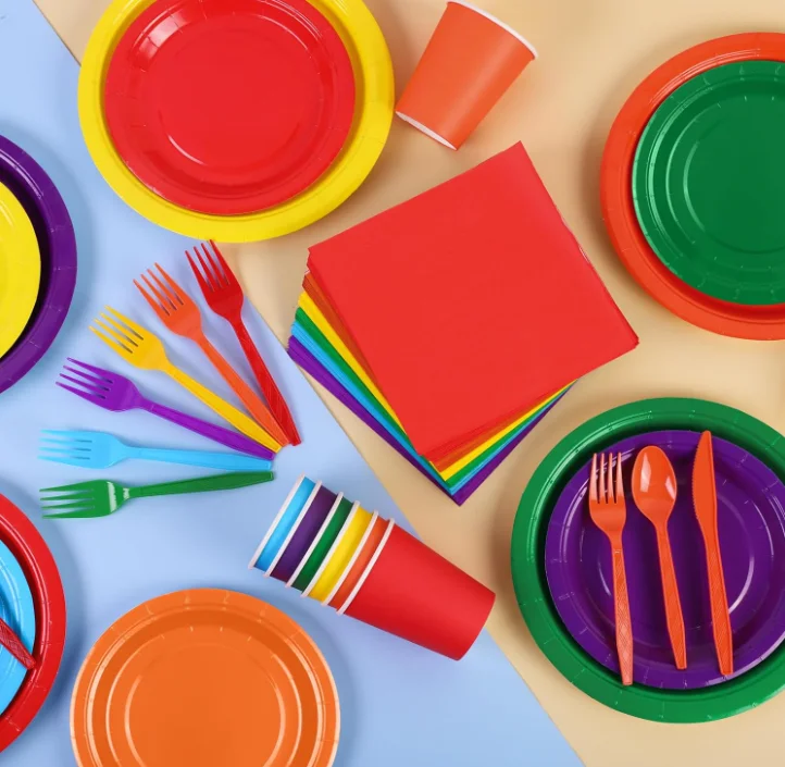 DAMAI Rainbow Disposable Party Tableware Set for Birthday Party 7inch and 9" Plates  9oz Cups Napkins Paper Plate Sets