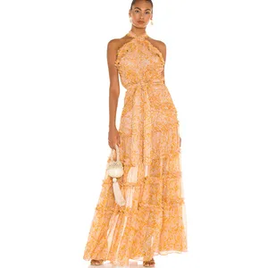 Beach Stylish Summer Party Sleeveless Halter Floral Print Chiffon Ruffles Maxi Fit Belt Long Women Dresses