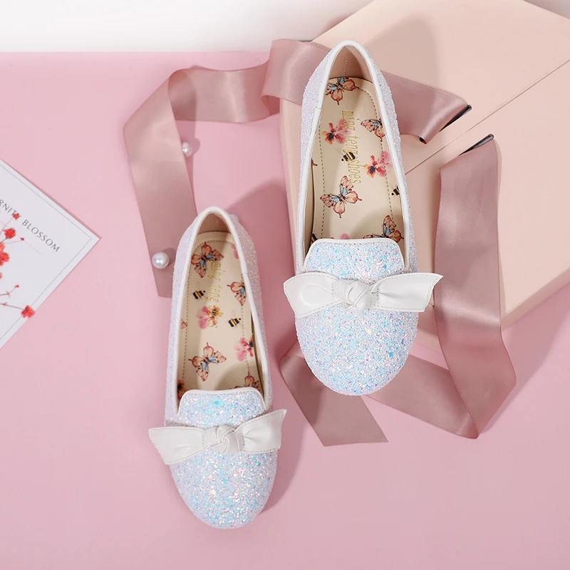 Оптовая продажа с фабрики, для девочек, с украшением в виде кристаллов принцессы с бантом тонкие туфли Туфли на каблуке; Туфли на плоской подошве расшитые блестками для девочек в повседневном стиле