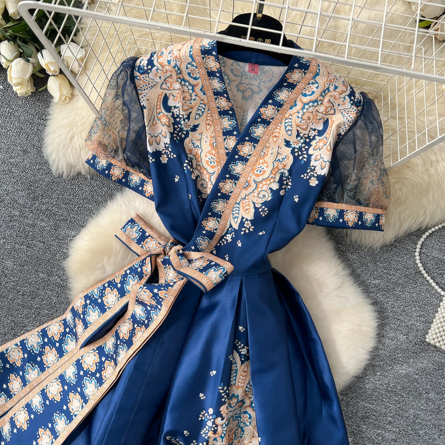 loose designer dresses LW1117 Loose Dress for Ladies Vintage Style Print Dress Women'S Summer  Lace-Up Advanced Design Chic Plus Size Dress Long