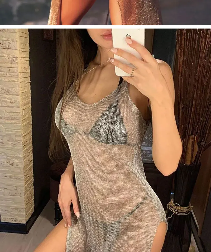Women's Sexy Solid Color Mesh Knitted Beach Dresses main image 0