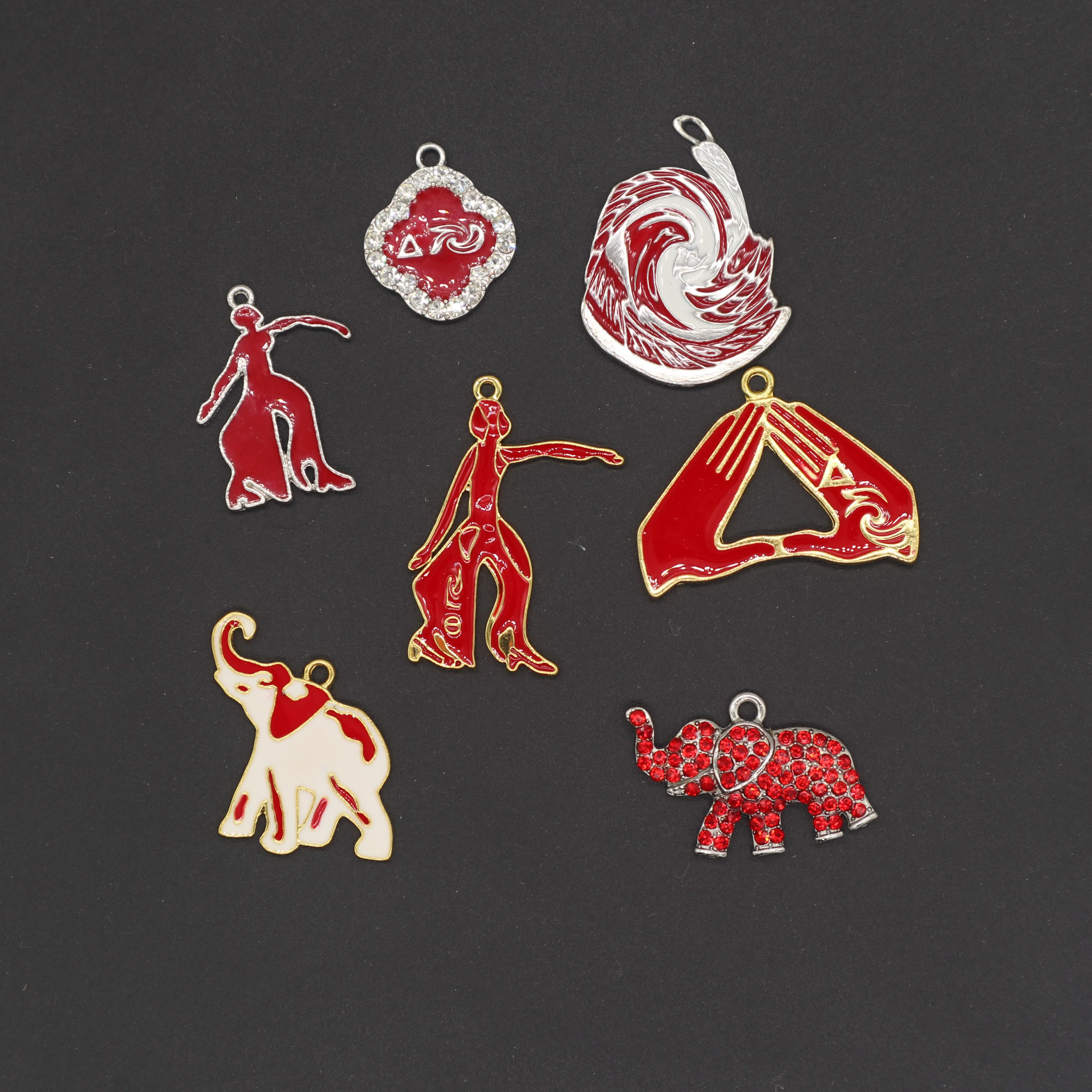 Red Enamel White Crystal Greek Letters Charm Four Clover Leaf Pendant