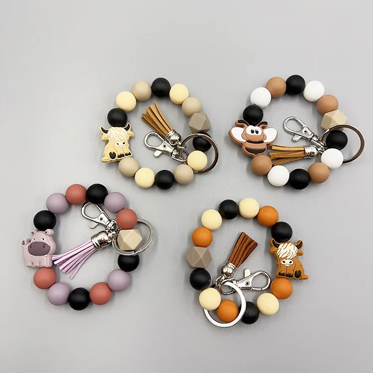 Silicone Bracelet Keychain with Wood Bead & Tassel - Animal Print