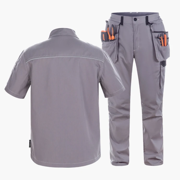 Warehouse Staff Hi Visibility Breathable Workwear Sets Summer Embroidery Name Card Cotton Twill Factory Workers Short Sleeve