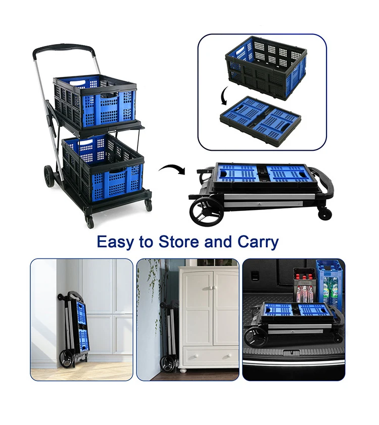 Double Decker Foldable Cart Portable Market Folding Trolley Collapsible Shopping Cart With Storage Crate