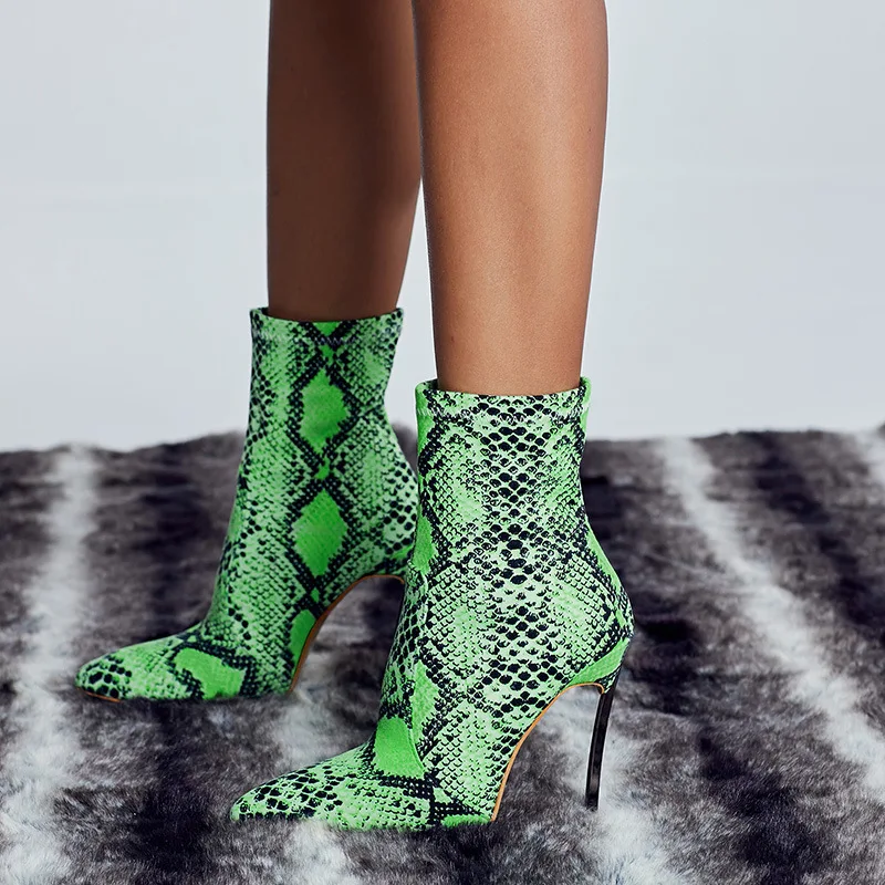 CSB23 green neon snake print stiletto heel boots women fashion high heel ankle boot Alibaba