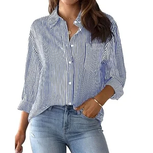 Womens Button Down Shirts Striped Classic Design Oem Customizable Long Sleeve Collared Office Work Blouses Tops with Pocket