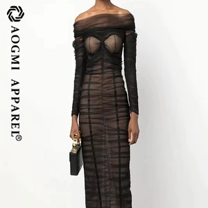 Haute Couture Fashion Ladies Shoulder for Pleated Mesh Sheath Gown Off-the-Shoulder Neckline Floral Pattern Satin for