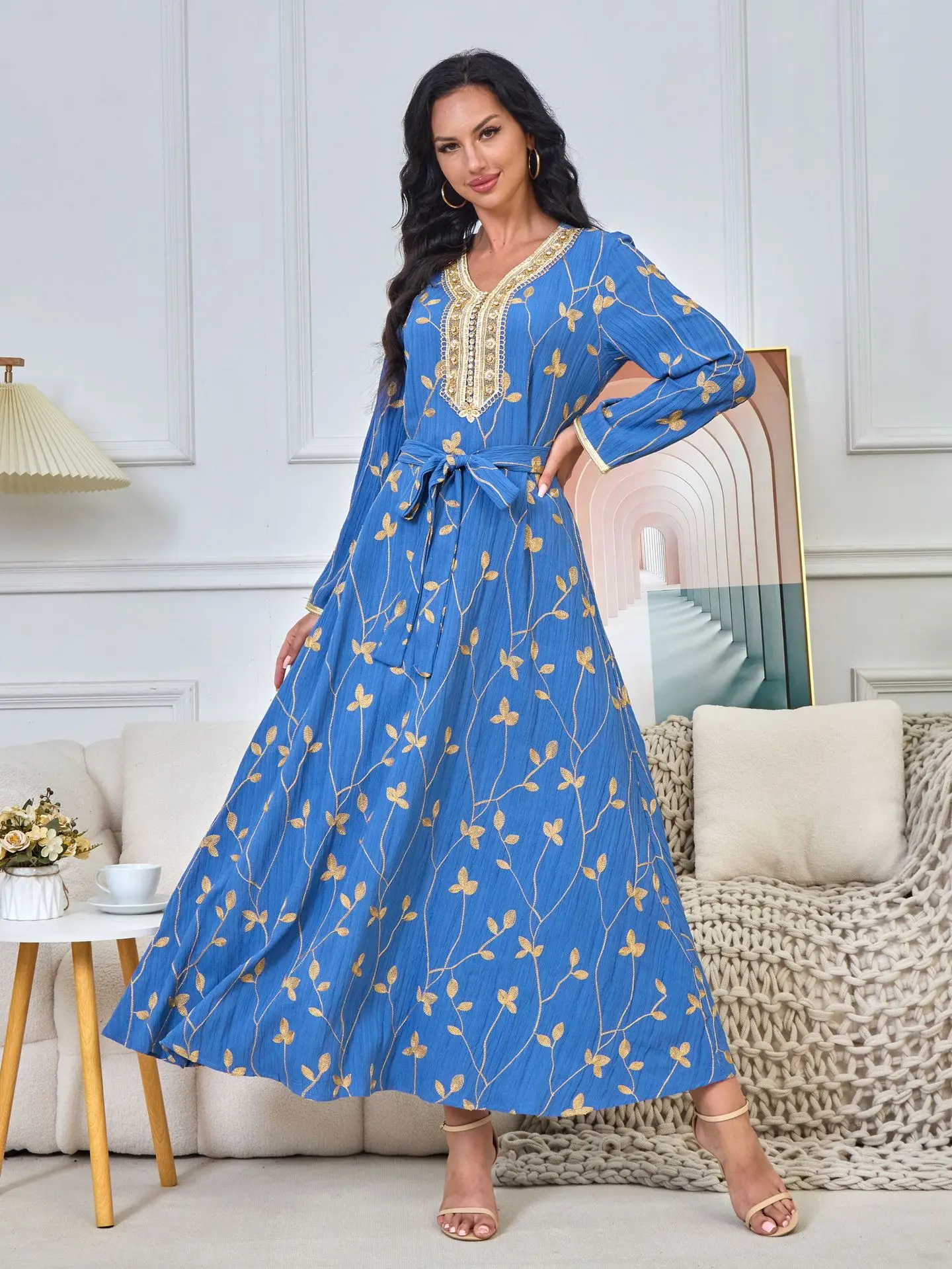 Islamic Evening Dresses Party Long Dress Women Embroidered Belted Chiffon  Kaftan Muslim Banquet Abayas