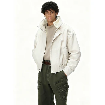 Men's Oversized Cotton Blend Utility Jacket Fleece Lined Stand Collar Multiple Pockets Adjustable Drawstring Cuffs Hem Casual