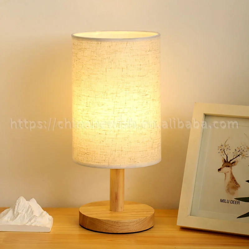 Wooden Base Fabric Shade Simplicity Design Linen Round Table Lamp Light for Reading Room Bedside Living Room