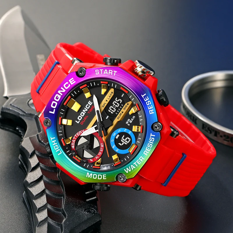 LOQNCE Colorful Sports Wristwatch Multi Functional Dual Display Luminous Digital Watches Waterproof Silicone Strap Watch