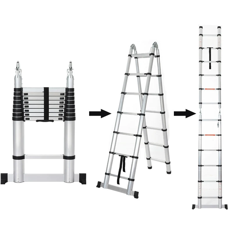 Double Sided a Frame Telescopic Ladder Aluminum Telescoping Extension Ladder Multi-purpose With Stabilizer Bar for Home Carton